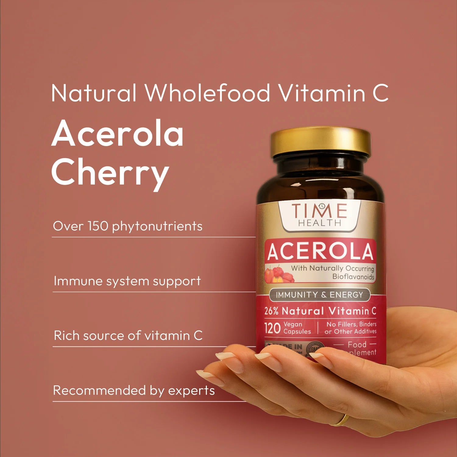 Time Health Acerola Cherry vegan gluten-free non-GMO natural vitamin C supplement made in the UK