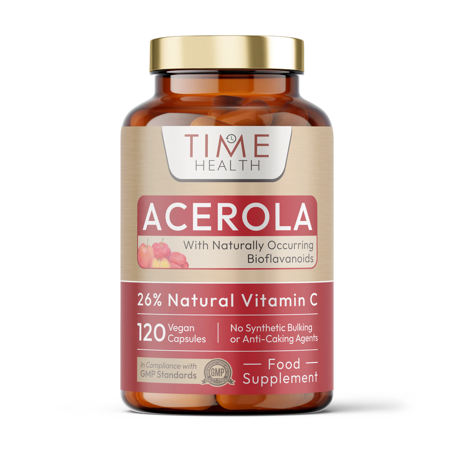 Time Health Acerola Cherry 120 capsules with 840mg acerola concentrate delivering 218mg natural vitamin C per capsule