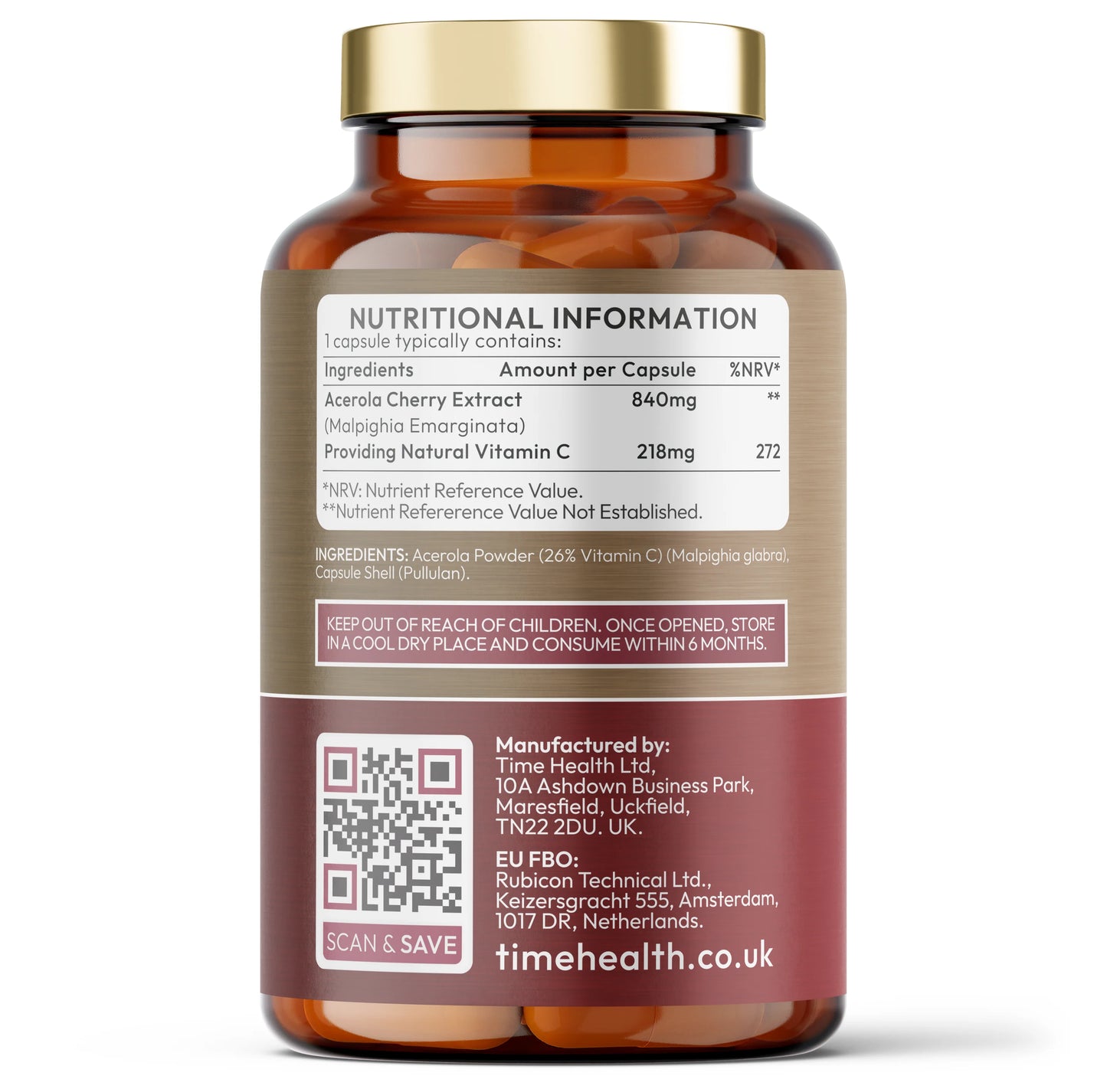 Time Health Acerola Cherry with naturally occurring bioflavonoids carotenoids and vitamins A B1 B2 and B3 in pullulan capsules