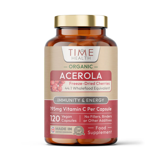 Time Health Organic Acerola Cherry 120 capsules freeze-dried 750mg per capsule 195mg natural vitamin C certified organic vegan