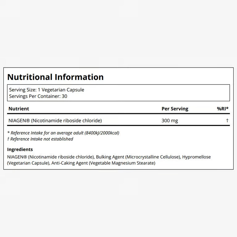 Tru Niagen ingredient label listing NIAGEN nicotinamide riboside chloride, microcrystalline cellulose, hypromellose capsule and vegetable magnesium stearate.