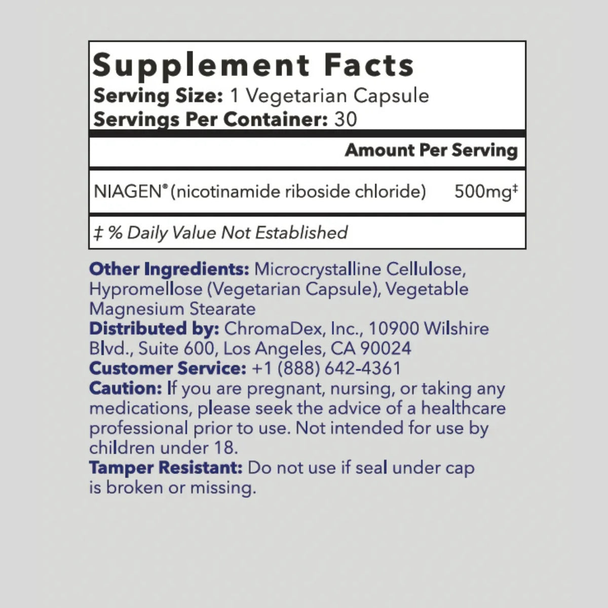 Tru Niagen Advanced supplement facts panel showing 500mg Niagen nicotinamide riboside chloride per vegetarian capsule, 30 servings