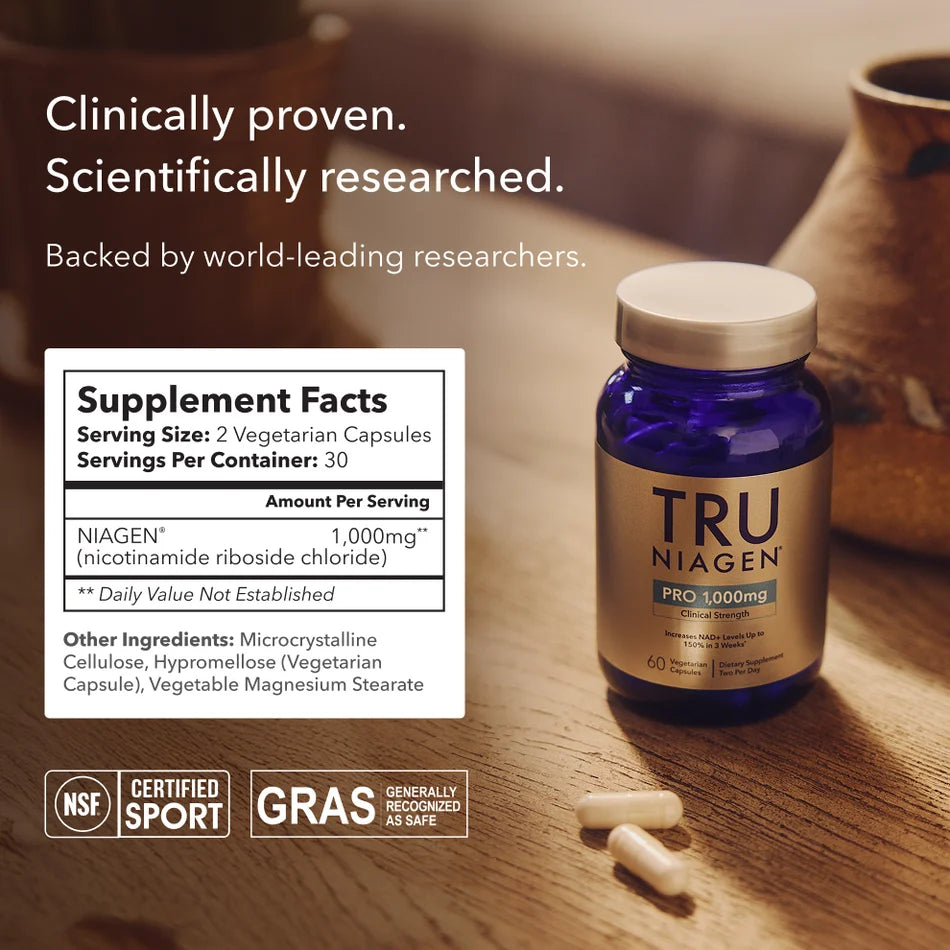 Tru Niagen Pro with patented Niagen nicotinamide riboside chloride 500mg per capsule NSF Certified for Sport vegetarian and gluten free