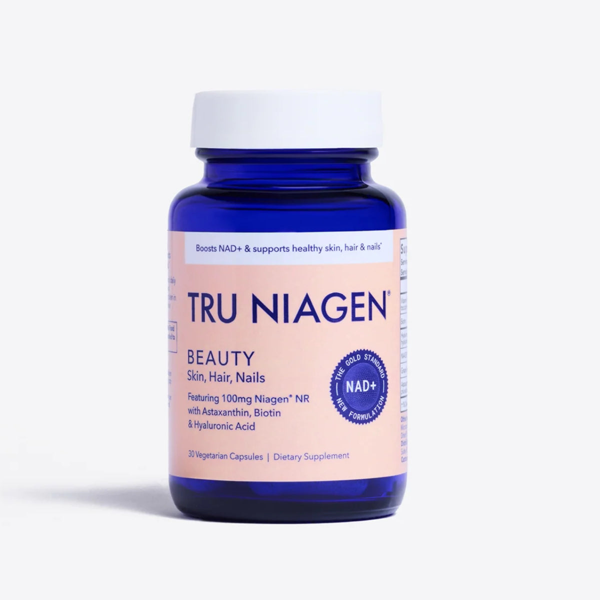 Tru Niagen Beauty with patented Niagen nicotinamide riboside 100mg and grape seed extract providing antioxidant support for cellular energy and skin health