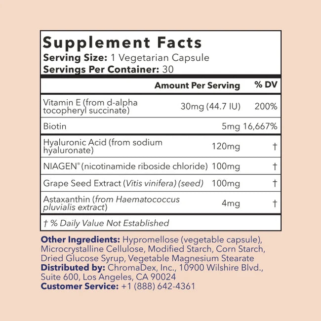 Tru Niagen Beauty with patented Niagen nicotinamide riboside 100mg and grape seed extract providing antioxidant support for cellular energy and skin health
