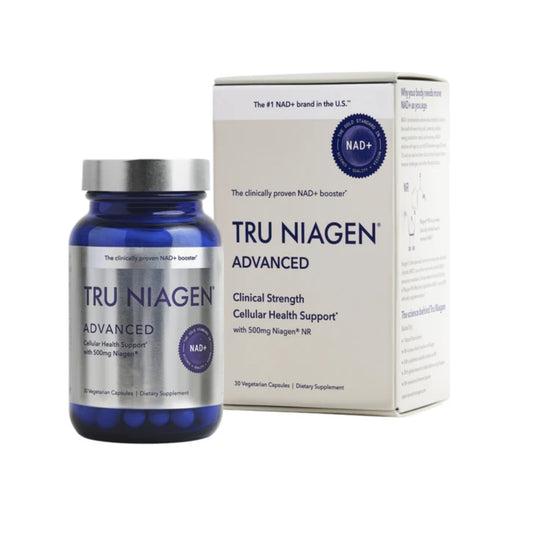 Tru Niagen Advanced 500mg NAD+ supplement — blue bottle and retail box with 30 vegetarian capsules for cellular health support