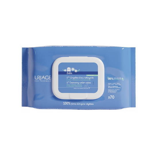 Uriage Baby 1st Cleansing Water Wipes 70 wipes with Thermal Water and organic Edelweiss 98% natural biodegradable from birth