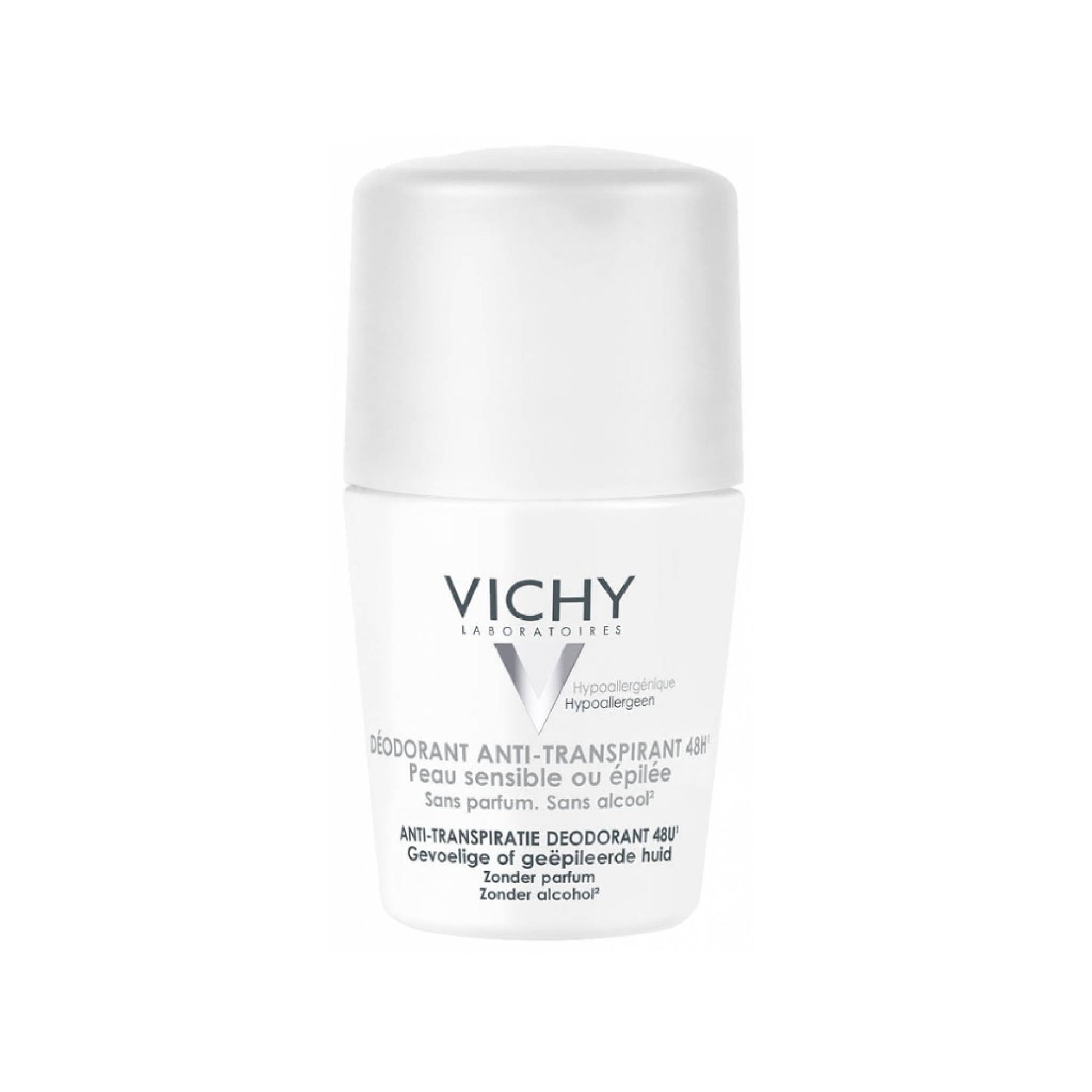 Vichy 48H Roll-On with Aluminum Chlorohydrate and Nymphaea Alba Flower Extract, gentle antiperspirant formula safe for use on recently waxed or depilated skin