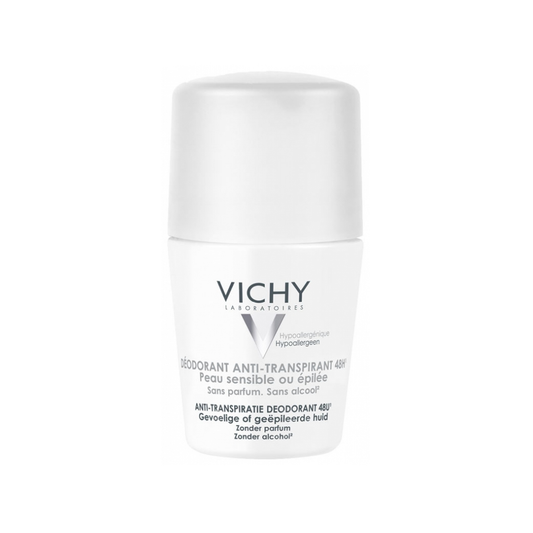 Vichy 48H Anti-Perspirant Deodorant Roll-On 50ml for sensitive and waxed skin, alcohol-free, fragrance-free and hypoallergenic for exceptional tolerance