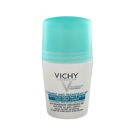Vichy 48H Intensive Anti-Perspirant Anti-Stains Deodorant Roll-On 50ml, prevents white and yellow marks on clothing, alcohol-free for sensitive skin