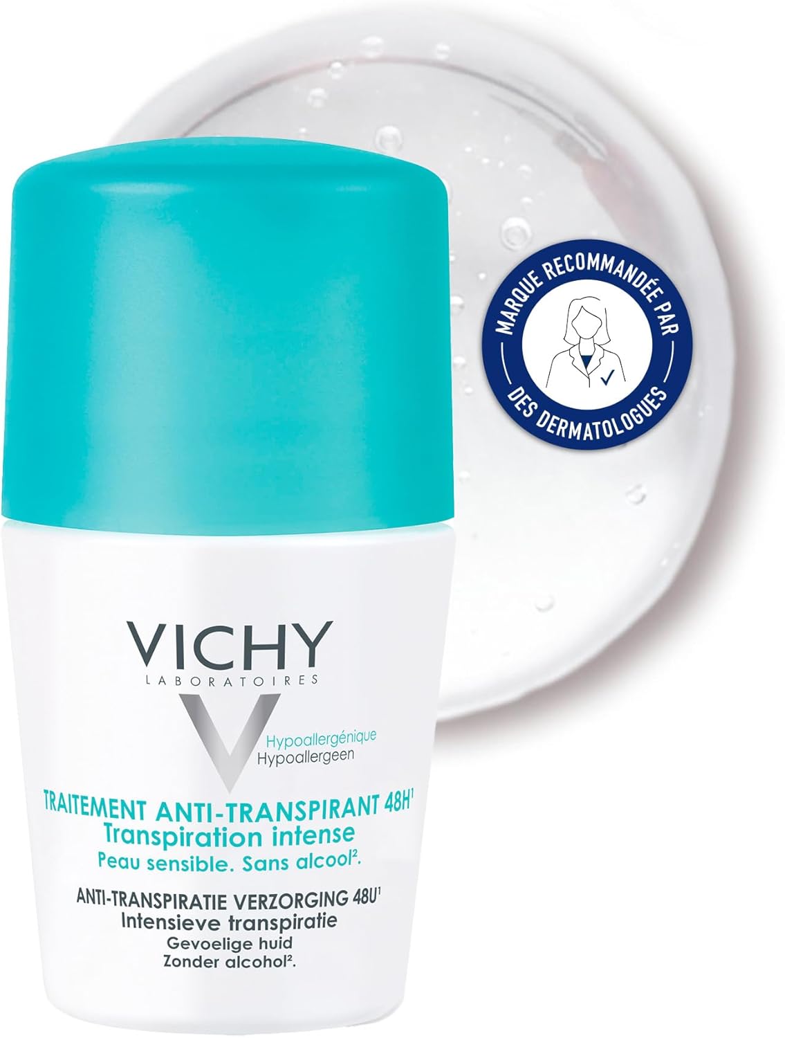 Vichy 48H Roll-On with Aluminium Chlorohydrate and Aluminium Sesquichlorohydrate, regulates intense sweating with a smooth quick-drying texture