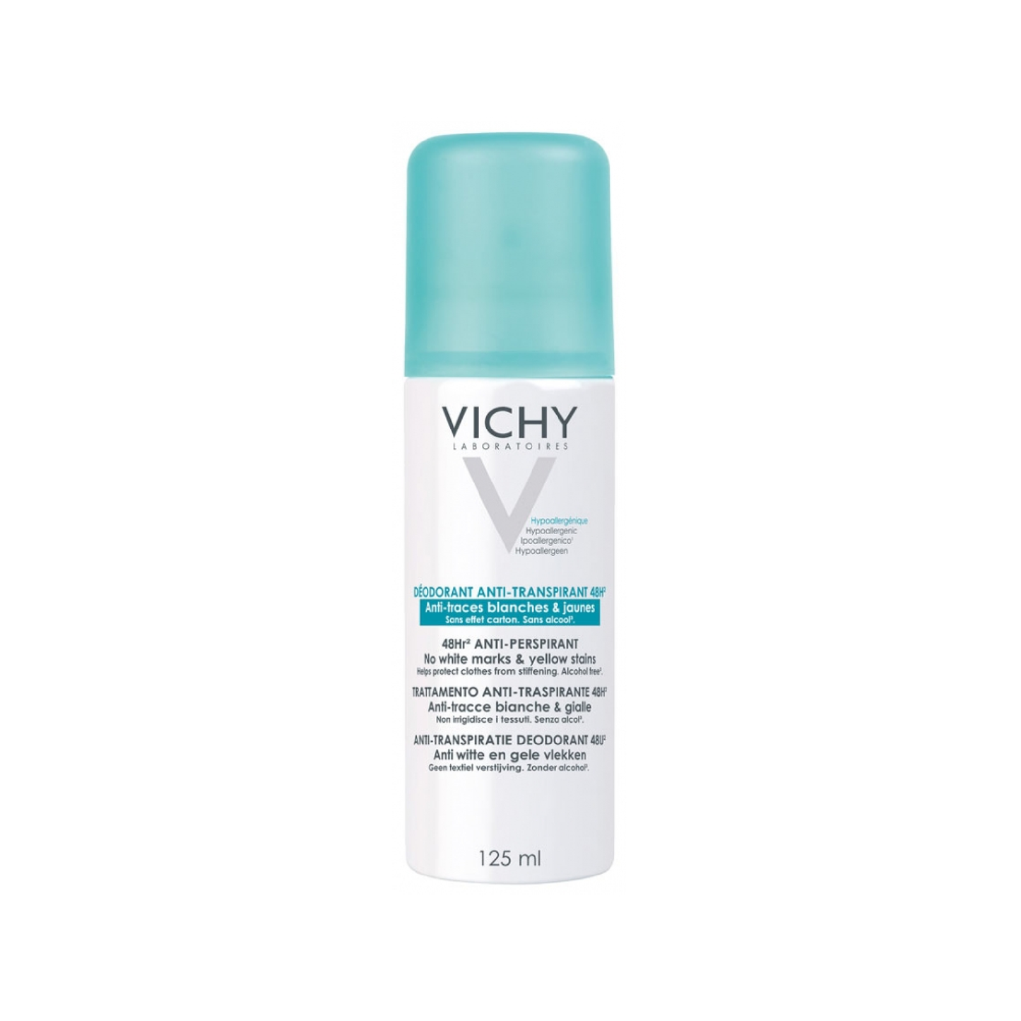 Vichy 48H Aerosol Anti-Perspirant Deodorant 125ml, no white or yellow marks on skin or clothing, alcohol-free and paraben-free for sensitive skin