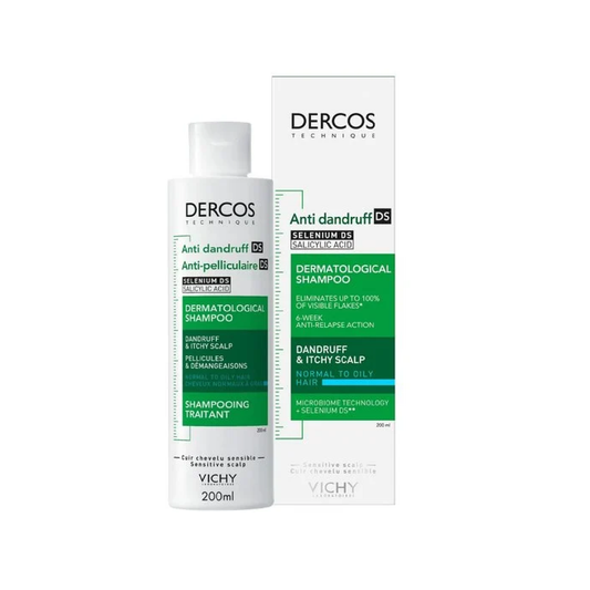 Vichy Dercos Anti-Dandruff Advanced Action Shampoo for normal to oily hair 200ml, helps eliminate visible flakes and cleanse the scalp