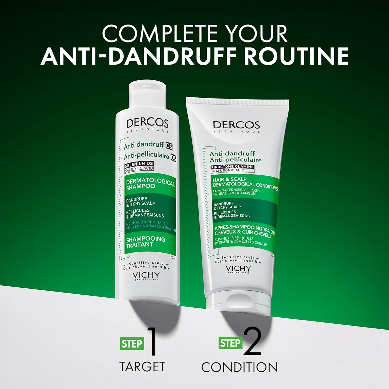 Vichy Dercos Anti-Dandruff Conditioner with Piroctone Olamine and Hyaluronic Acid, helps soothe the scalp and smooth hair
