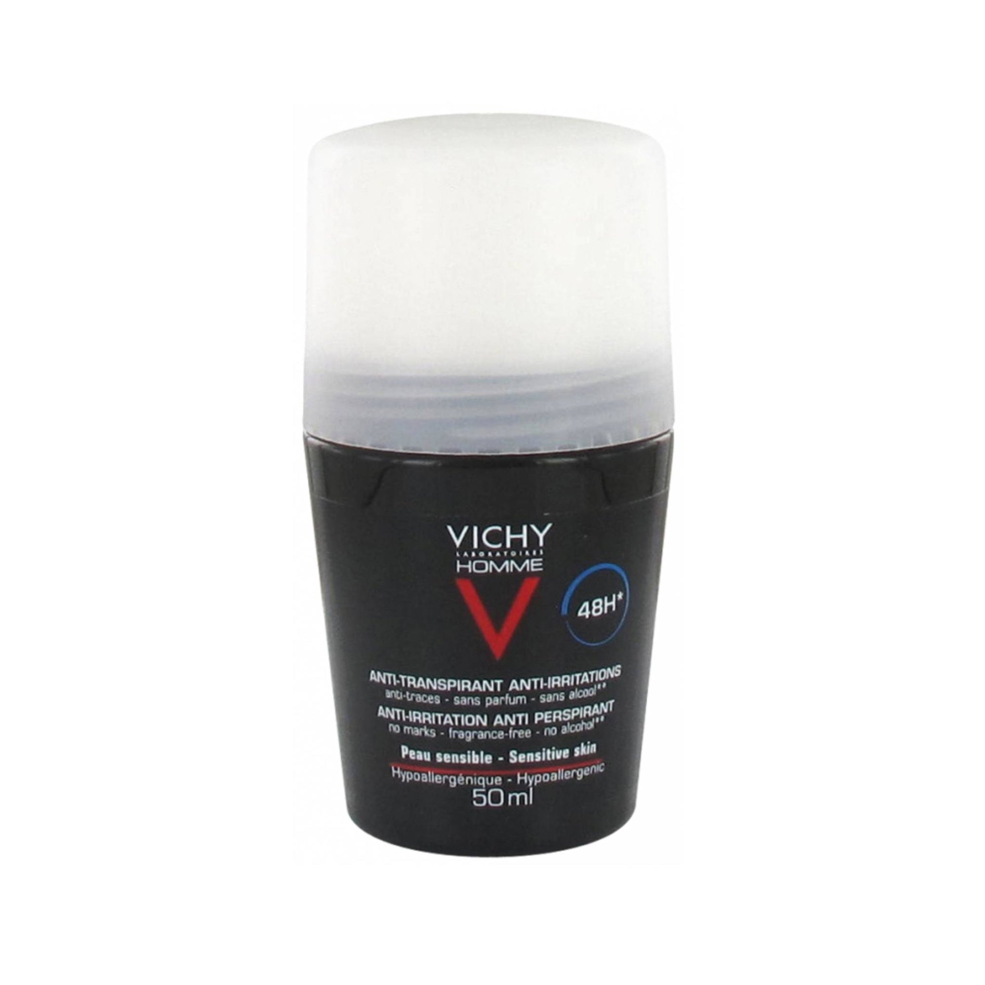 Vichy Homme 48HR Roll-On with Aluminium Chlorohydrate and oligo-zinc, regulates perspiration and soothes sensitive underarm skin for men