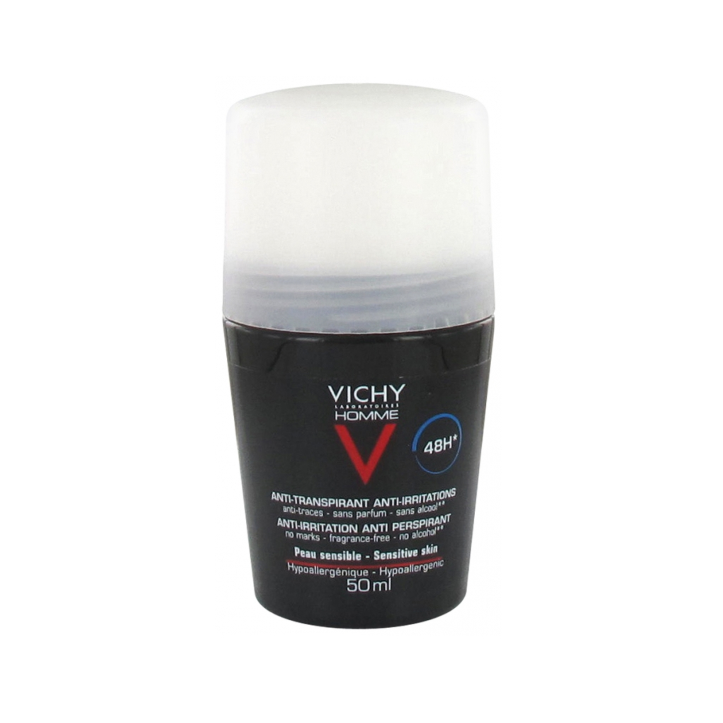 Vichy Homme 48HR Anti-Perspirant Sensitive Skin Deodorant Roll-On 50ml, alcohol-free and fragrance-free, leaves no white marks for men