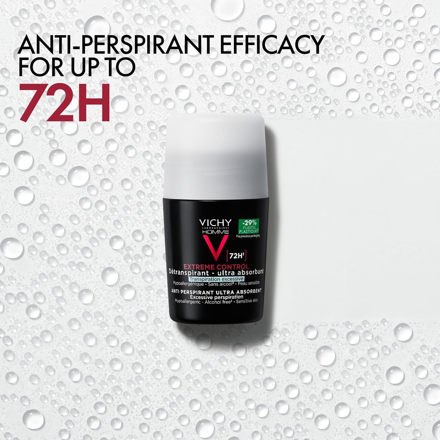 Vichy Homme 72HR Roll-On with Aluminium Chlorohydrate and oligo-zinc, regulates perspiration and soothes skin discomfort for men