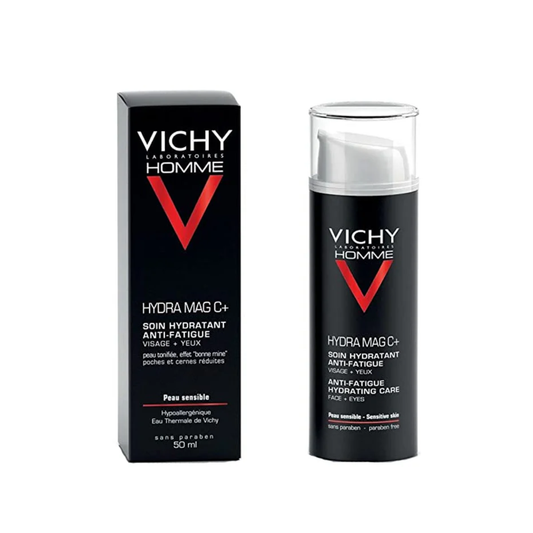 Vichy Homme Hydra Mag C+ Anti-Fatigue Hydrating Care 50ml lightweight face and eye gel with Vitamin C and Magnesium for tired sensitive skin