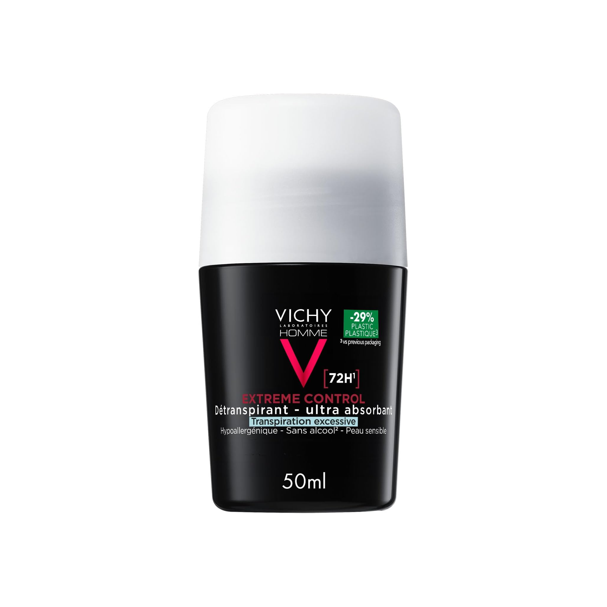Vichy Homme Extreme Anti-Perspirant Roll-On 72HR 50ml for men, alcohol-free and fragrance-free, leaves no white marks on sensitive skin