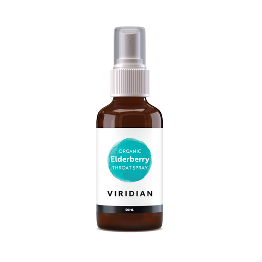 Viridian Organic Elderberry Throat Spray 50ml with manuka honey and marshmallow root supporting throat comfort immune system and winter wellness relief