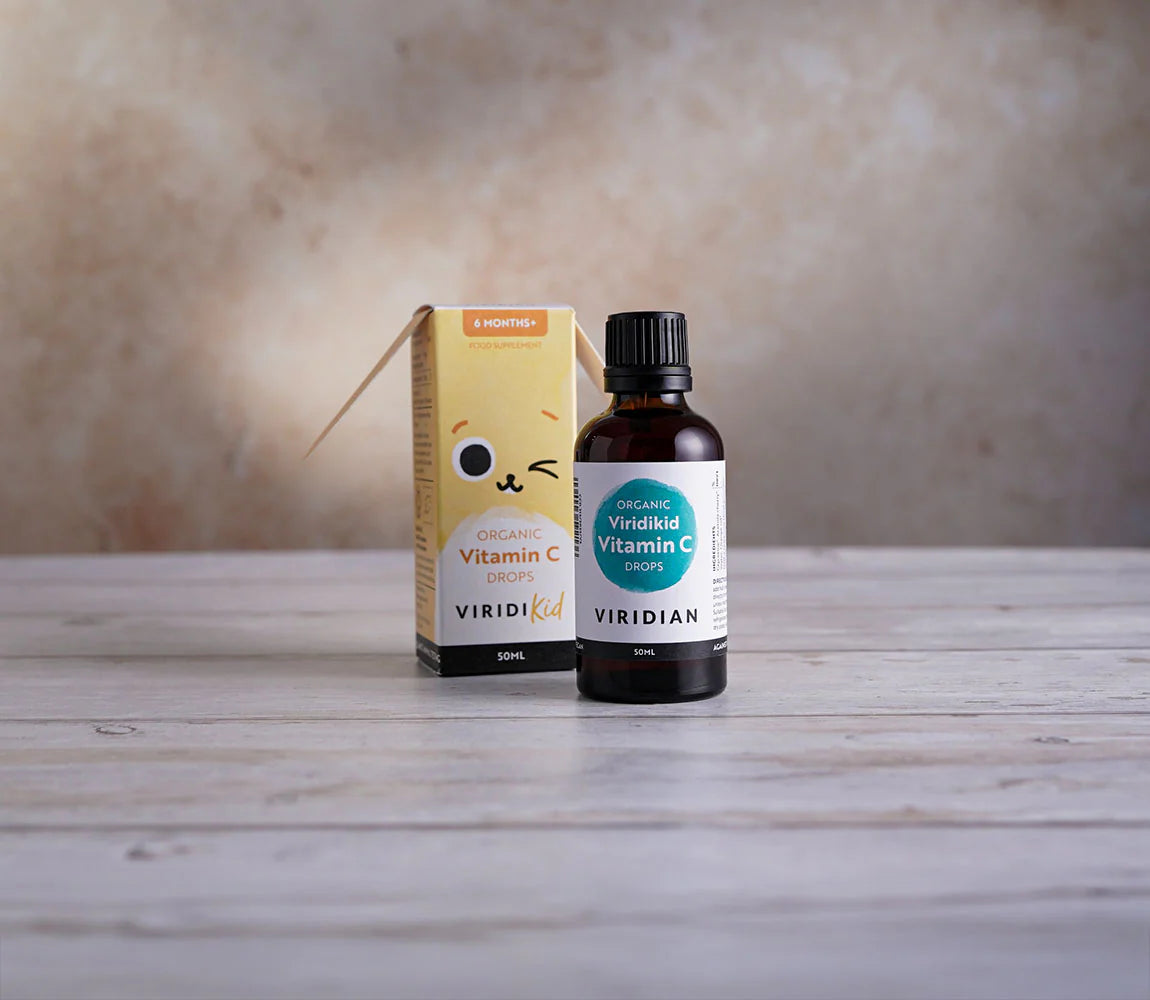 Viridian organic vitamin C drops showing acerola cherry freeze dried extract in glycerine base delivering natural immune support and antioxidant protection