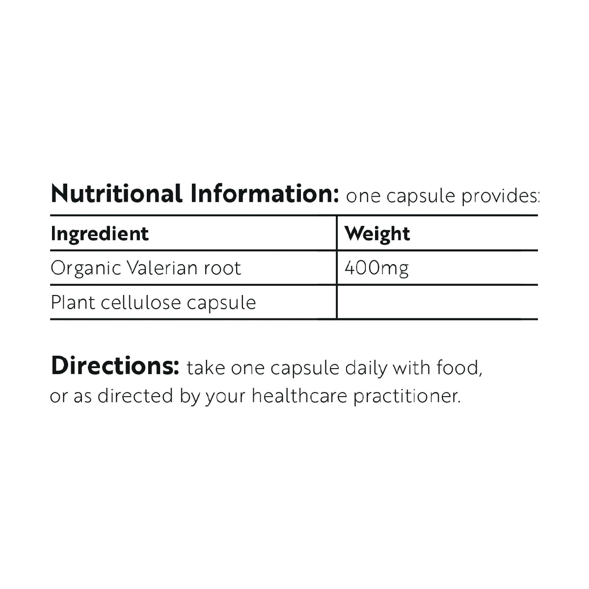Viridian Valerian Root Organic 400mg provides organic valerian root in a plant cellulose capsule, with one capsule taken daily with food.