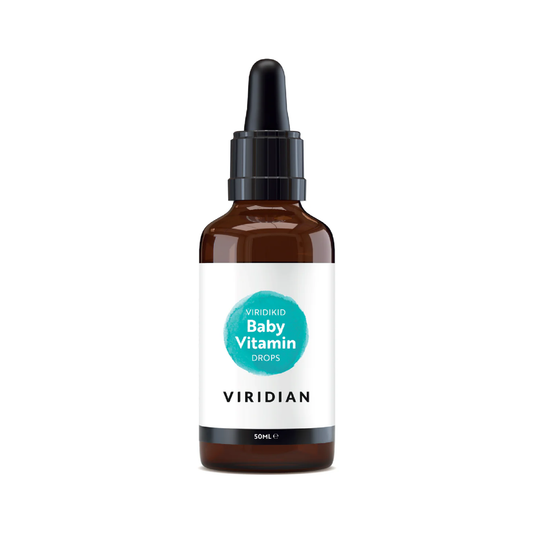 Viridian Viridikid Baby Vitamin Drops vegan 50ml with vitamins A C and D supporting infant immunity growth and healthy bone development from 6 months