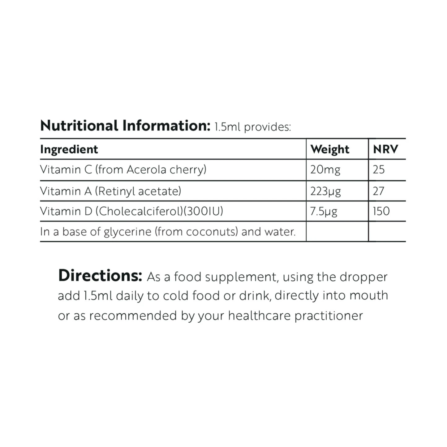 Viridian baby vitamin drops showing vitamin A C D blend in natural glycerine base from coconut supporting immune health and early development nutrition