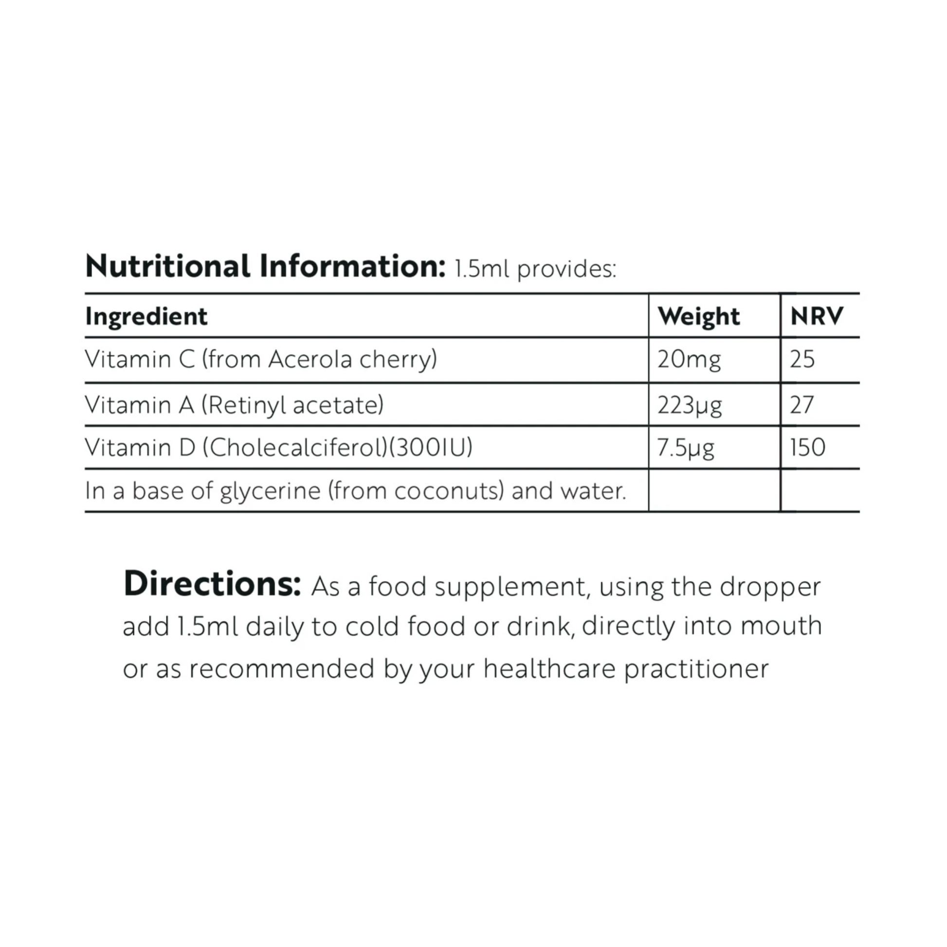 Viridian baby vitamin drops showing vitamin A C D blend in natural glycerine base from coconut supporting immune health and early development nutrition