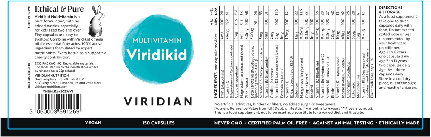 Viridian Viridikid multivitamin capsules showing 26 nutrients including vitamins A B C D E K zinc iron and selenium for complete child health support