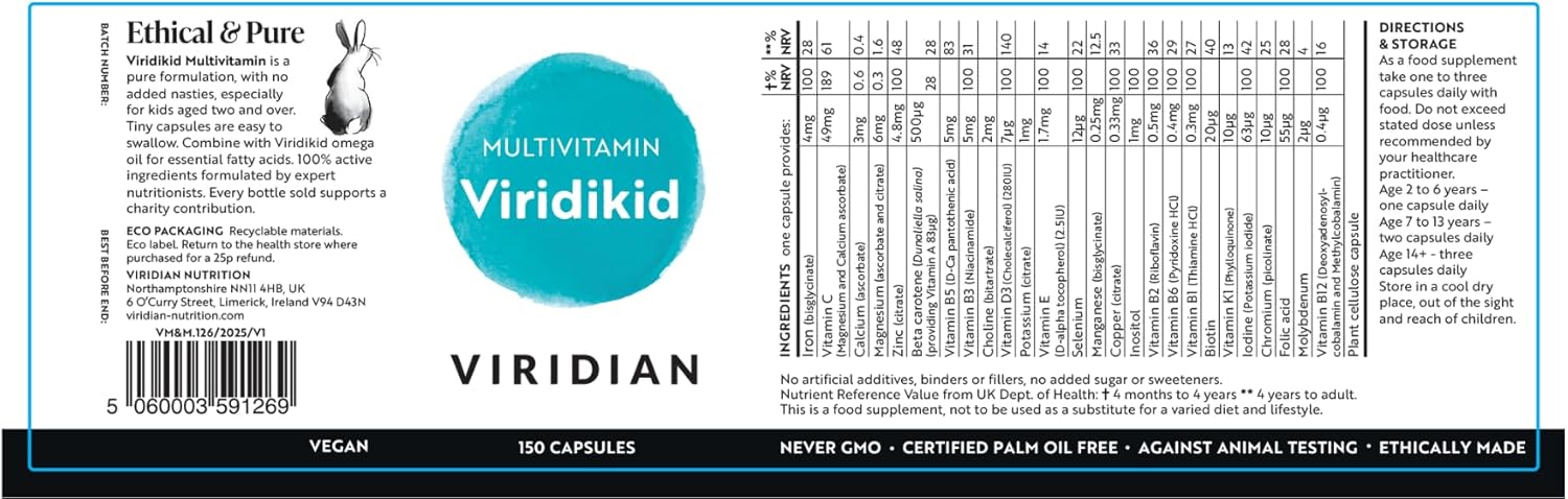 Viridian Viridikid multivitamin capsules showing 26 nutrients including vitamins A B C D E K zinc iron and selenium for complete child health support