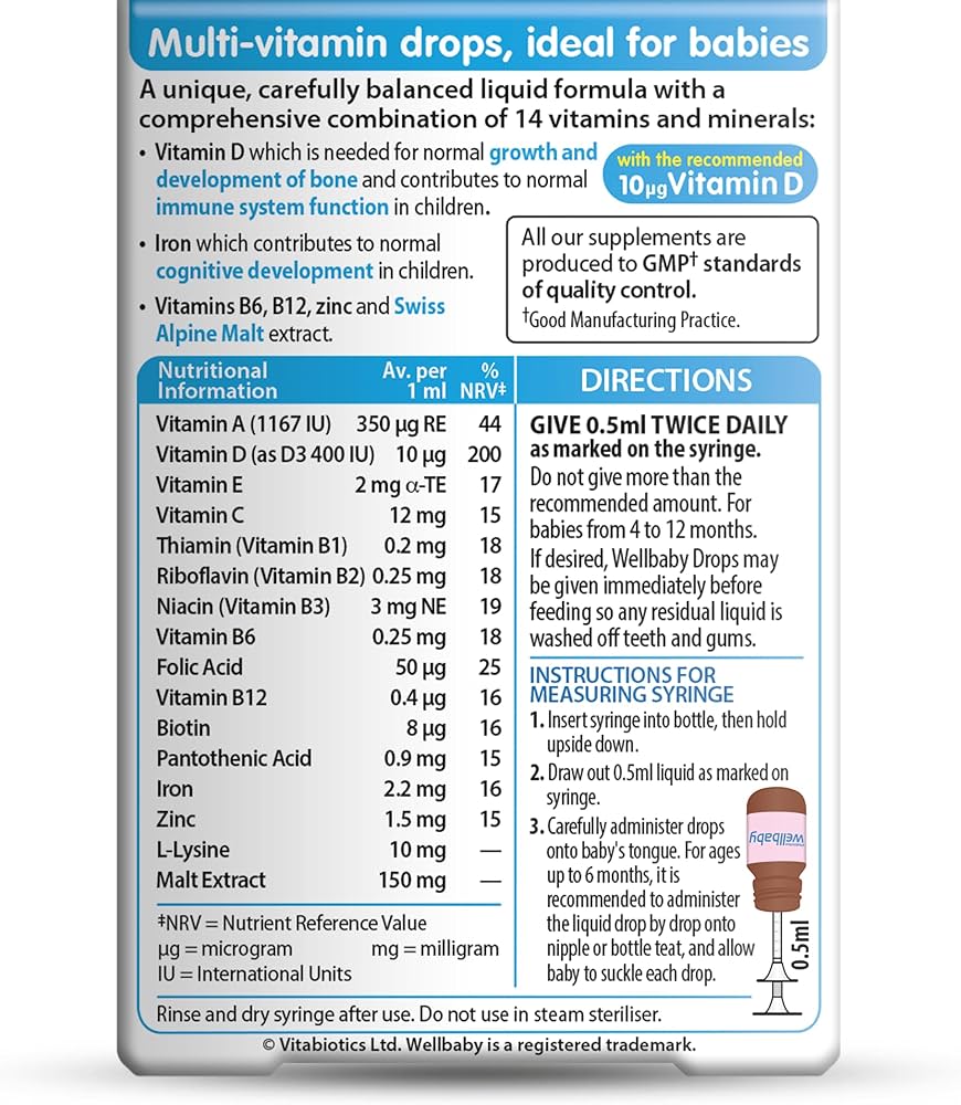 Vitabiotics Wellbaby Multi-vitamin Drops for babies aged 4 to 12 months helps support healthy growth, immunity and development for a strong and active start