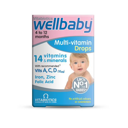 Vitabiotics Wellbaby Multi-vitamin Drops 30ml liquid formula supporting baby growth, immunity and bone development with essential vitamins for infants aged 4 to 12 months