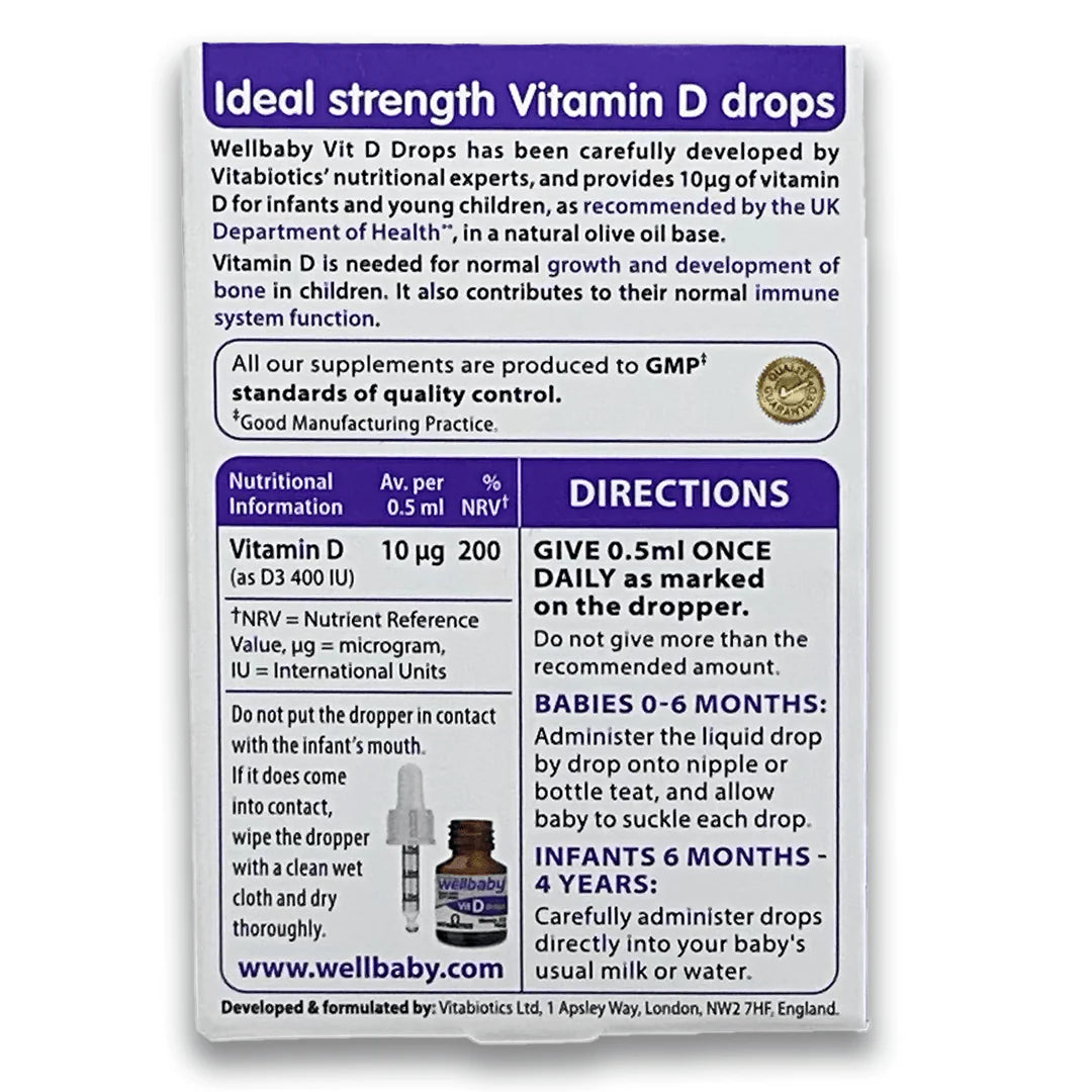 Vitabiotics Wellbaby Vitamin D Drops with vitamin D3 in olive oil helps support bone development and immune function in babies and young children