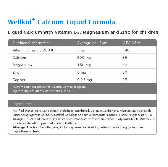 Vitabiotics Wellkid Calcium Liquid with calcium vitamin D magnesium and zinc helps support bone development teeth strength and nutrient absorption in growing children