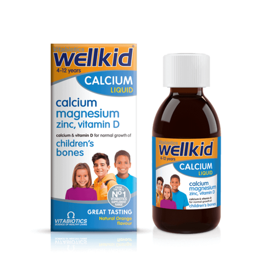 Vitabiotics Wellkid Calcium Liquid 150ml orange flavour supplement for children supports bone and teeth health with vitamin D magnesium and zinc
