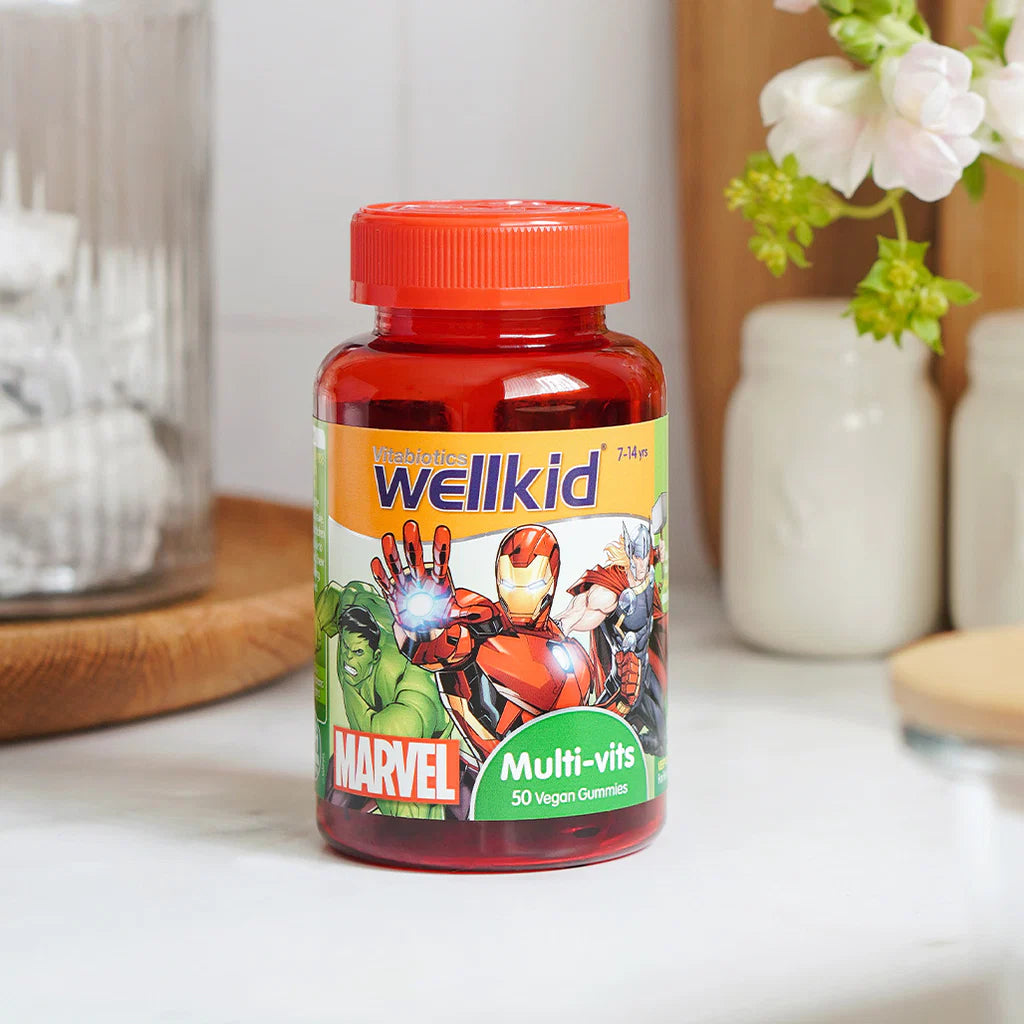 Vitabiotics Wellkid Marvel Multi Vits Vegan Gummies for children aged 7 to 14 ideal for daily nutrition helping support growth immunity and balanced diet for active kids