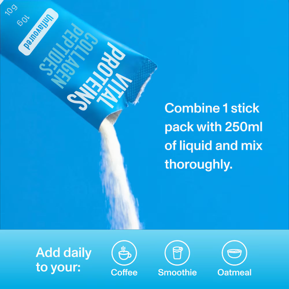 Vital Proteins Collagen Peptides Sachets contain bovine collagen that dissolves in hot or cold liquids for easy use each day.