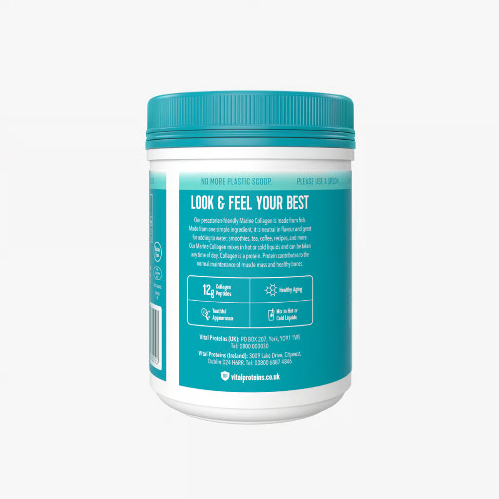 Vital Proteins Marine Collagen contains fish collagen peptides that dissolve in hot or cold liquids for easy mixing each day.