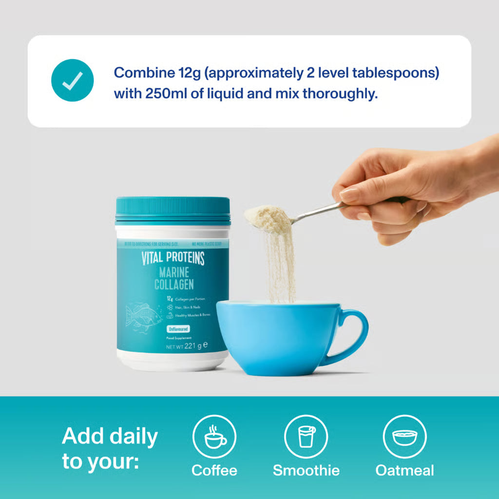 Vital Proteins Marine Collagen offers an easy way to add fish collagen to recipes, from a warm soup to cold drinks.