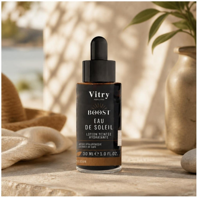 Vitry Boost Eau de Soleil suits all skin tones, adding a buildable tint to face and body for a fresh, sun kissed look.