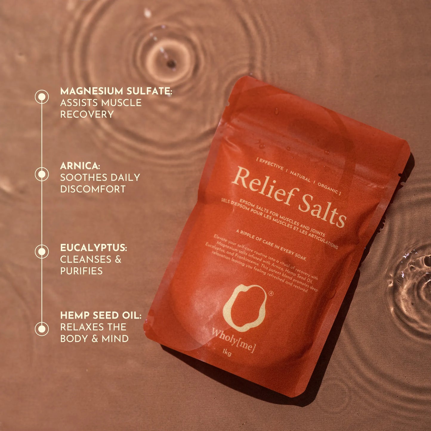 WholyMe Relief Salts with magnesium sulphate and organic botanicals helping ease muscle tension after exercise