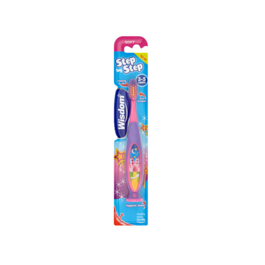 Wisdom Step by Step toothbrush for ages 3-5 with compact head and gum bumpers for gentle milk teeth cleaning