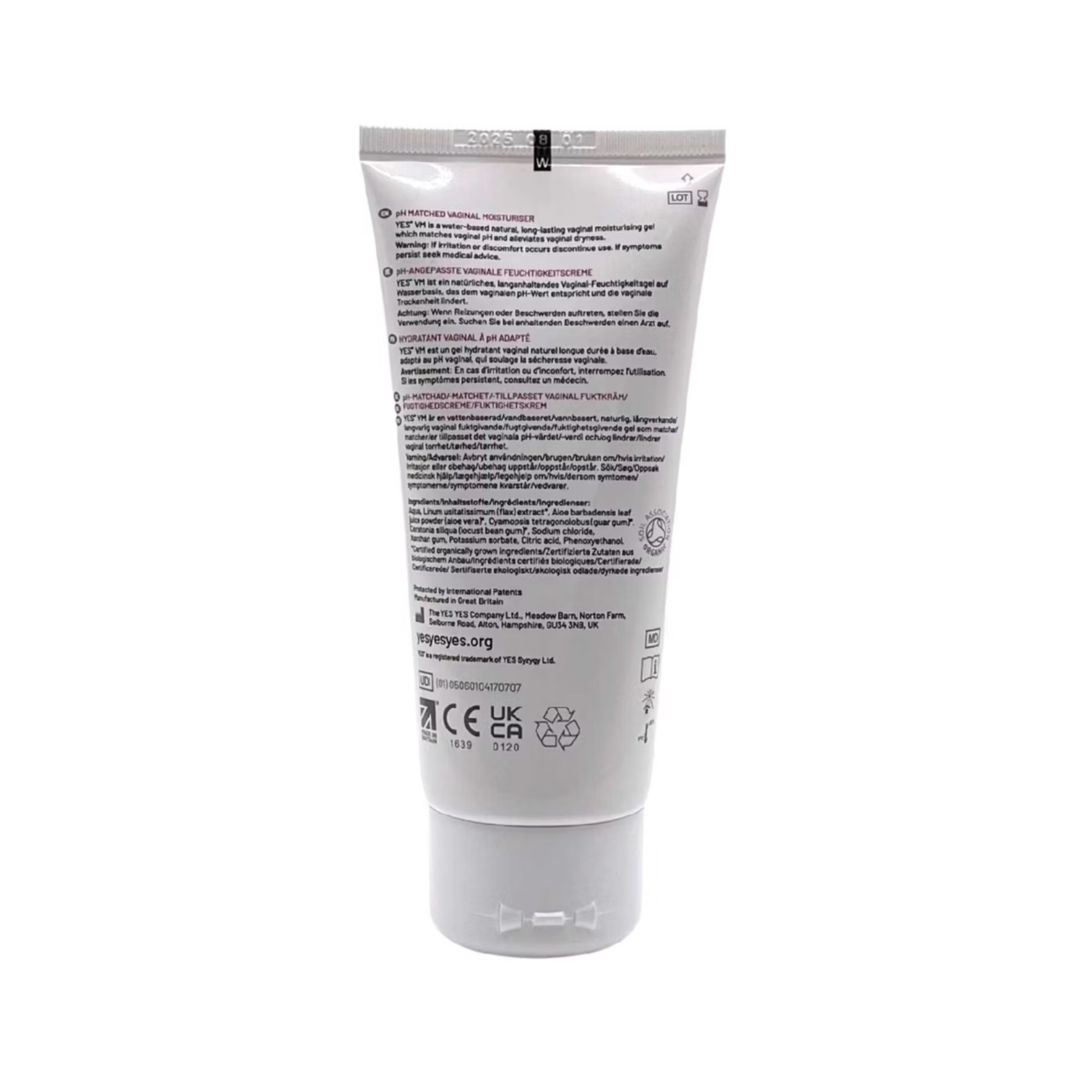 YES VM vaginal moisturiser with certified organic flax extract aloe vera and locust bean gum naturally derived ingredients
