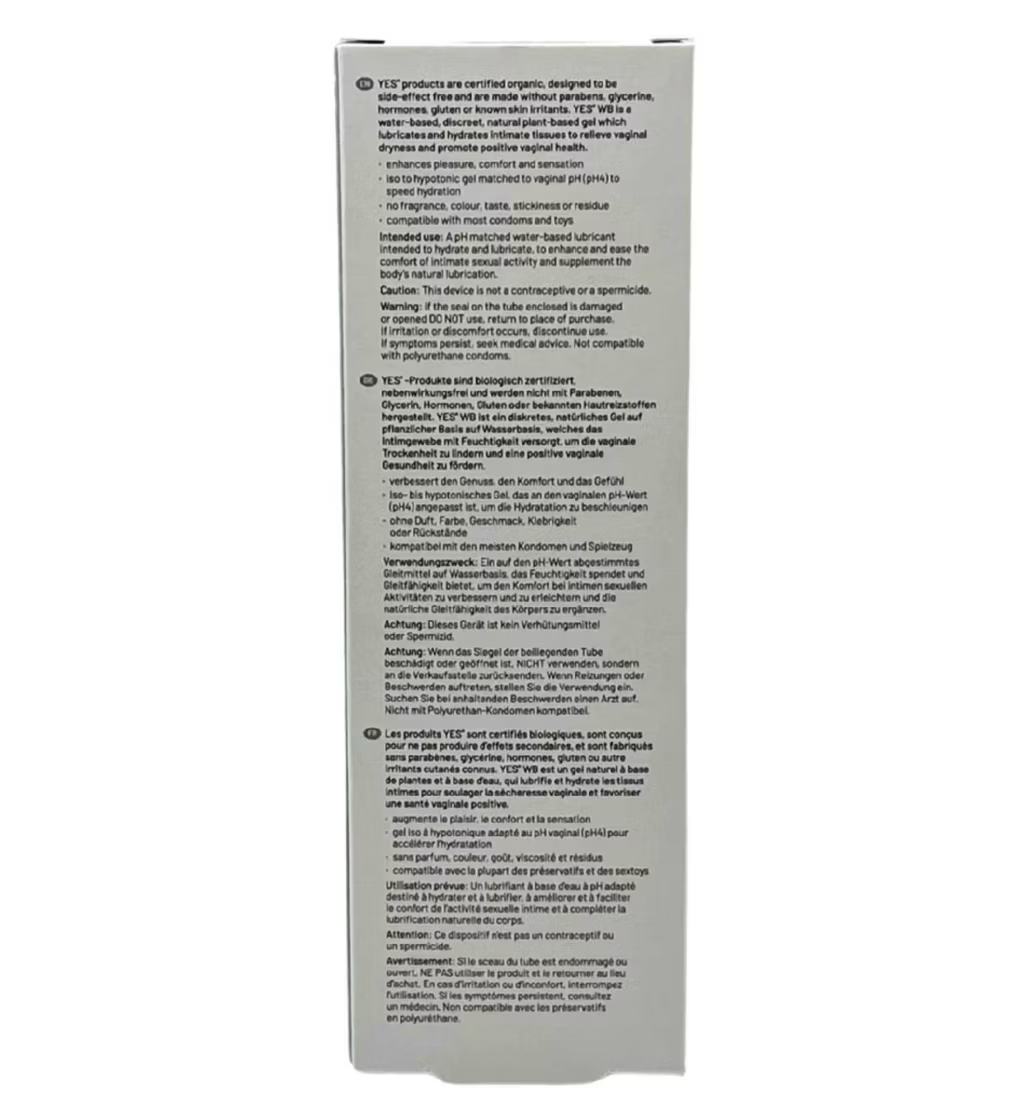 YES WB lubricant with certified organic aloe vera flax extract and guar gum naturally derived water-based formula