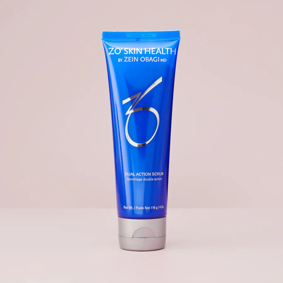 ZO Skin Health Dual Action Scrub for oily congested and dull skin used to remove dead skin cells and excess surface oils