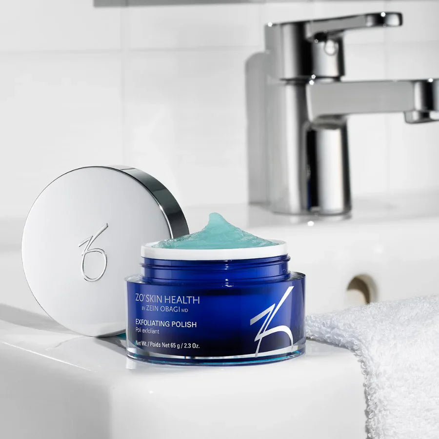 ZO Skin Health Exfoliating Polish for all skin types used morning and evening to remove dead skin cells and enhance serum absorption
