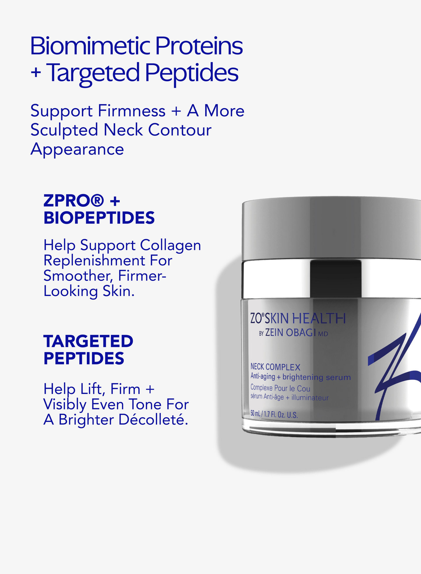 ZO Skin Health Neck Complex for all skin types targeting crepey skin, horizontal neck lines and uneven tone on the neck and décolleté area