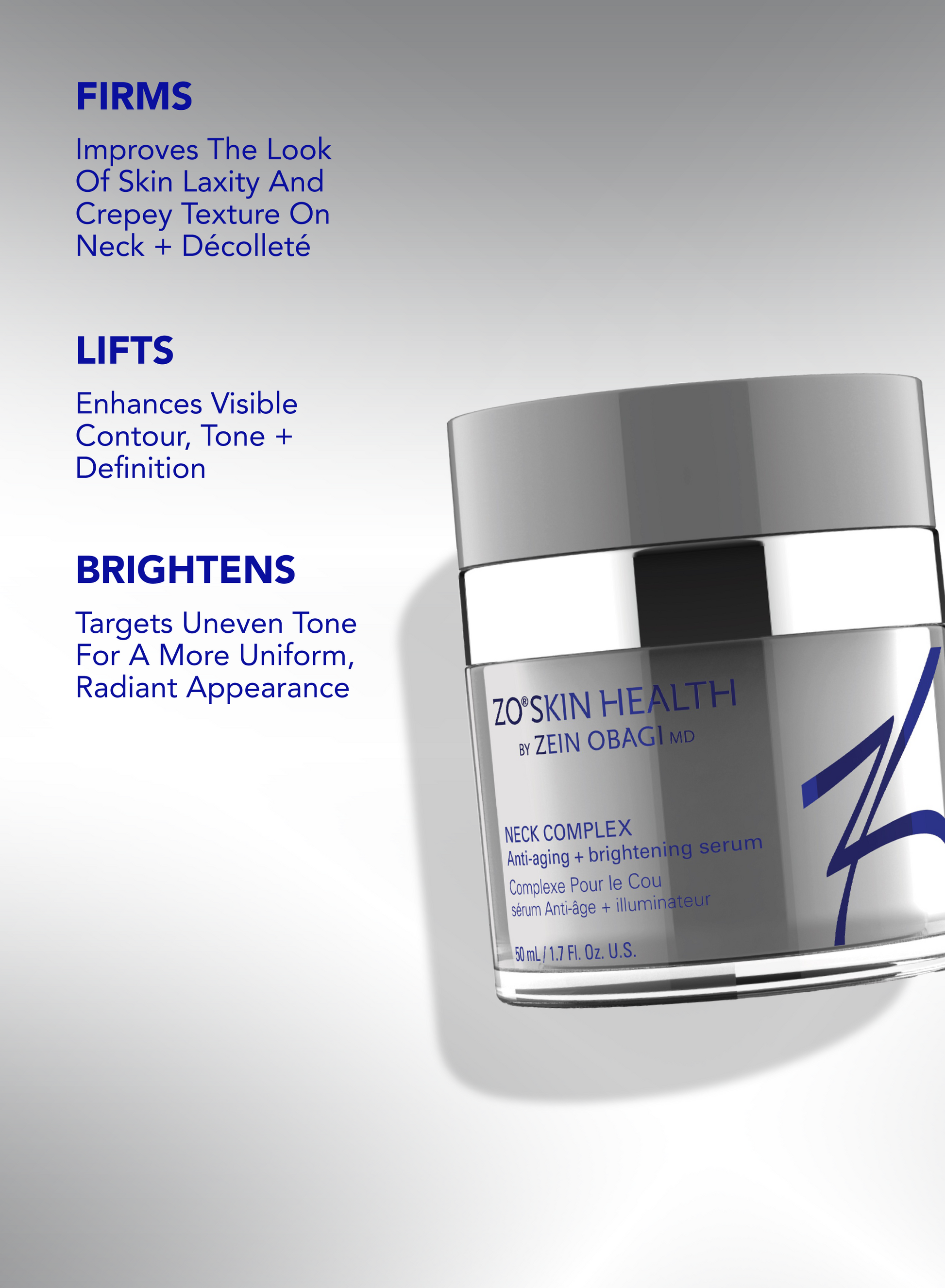 ZO Skin Health Neck Complex for all skin types targeting crepey skin, horizontal neck lines and uneven tone on the neck and décolleté area