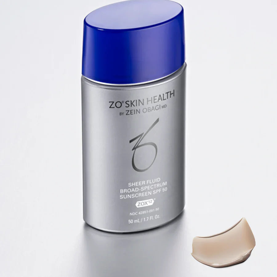 ZO Skin Health Sheer Fluid SPF50 with ZOX12 antioxidant complex and Melanin to help defend against free radical damage and HEV blue light